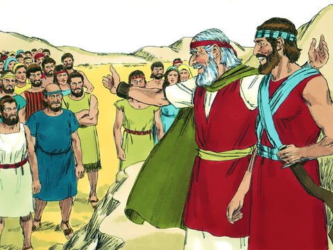 Moisés entonces llamó a Josué y en frente de todos le dijo:<br/>–¡Sé fuerte! ¡Sé valiente! – Número de diapositiva 3