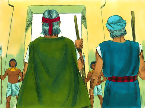 Éxodo 7 v 1-6: Dios le dijo a Moisés que Aarón sería el vocero. Les advirtió que el Faraón no escucharía, pero que Dios haría caer las plagas sobre los egipcios hasta que dejaran ir a Su pueblo. Moisés (ahora de 80 años de edad) y Aarón (83) partieron hacia el palacio. – Número de diapositiva 11