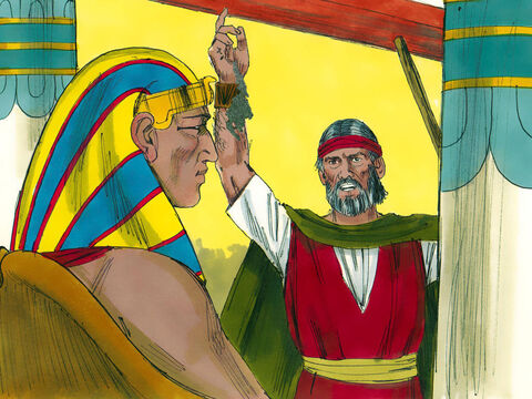 Moisés tomó hollín de un horno y lo arrojó al aire frente al Faraón.<br/>–Dios dice que este hollín se convertirá en un fino polvo y que a las personas y los animales les saldrán forúnculos purulentos. – Número de diapositiva 20