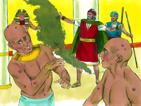 Los magos del Faraón no podían pararse ante Moisés porque debido a que brotaron forúnculos en ellos y el los egipcios. Pero el Faraón todavía se negaba a liberar al pueblo de Dios. – Número de diapositiva 21
