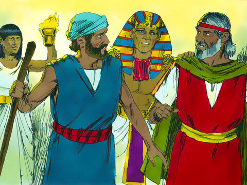 Esa noche, el Faraón llamó a Moisés y a Aarón y les dijo:<br/>–Levántense. Dejen a mi pueblo y vayan a adorar al Señor Dios. Lleven sus familias y animales con ustedes. Por favor, bendíganme. – Número de diapositiva 20