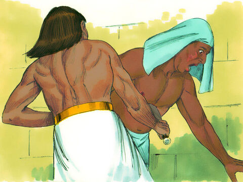 ...y entonces, Moisés atacó al egipcio y lo mató. Enterró el cadáver del hombre en la arena. – Número de diapositiva 4