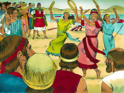 La hermana de Aarón el profeta, Miriam, y las mujeres, tomaron panderetas e invitaron a todos a bailar para celebrar. – Número de diapositiva 21
