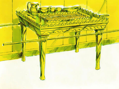 Éxodo 37 v 10 -16: Se fabricó una mesa de madera de acacia recubierta de oro para el Recinto Sagrado. También tenía polos de oro para transportarla. Tenía platos, fuentes y cuencos, todos hechos de oro. Sobre la mesa se colocaban cada semana 12 hogazas de pan que representaban las 12 tribus de Israel. – Número de diapositiva 17