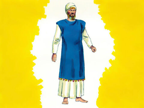 Éxodo 39: Los atuendos de los sacerdotes se hicieron de lino blanco. Se confeccionó un traje especial para el Supremo Sacerdote, Aarón. Tenía una túnica azul sin mangas. – Número de diapositiva 24