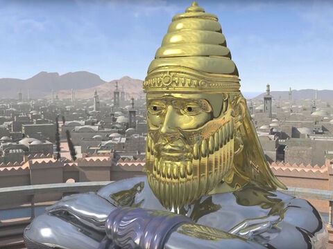 “La cabeza de la estatua estaba hecha de oro puro”. Daniel explicó que esto representaba el poderoso reino del rey Nabucodonosor y el Imperio Babilónico (605 a. C. – 539 a. C.). – Número de diapositiva 3