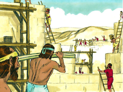 A pesar de las burlas de sus enemigos, los constructores se pusieron a reconstruir los muros de Jerusalén. Cada familia o grupo reparó una sección del muro. – Número de diapositiva 1