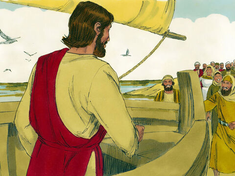 Entonces Jesus se subio a un bote, lo amarro cerca de la  playa, mientras la gente estaba en la orilla. Luego les conto esta parabola. – Número de diapositiva 2