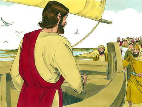 Una gran multitud se reunió en la costa y Jesús les enseñó desde un bote. Él les contó parábolas para ayudarlos a entender cómo era el Reino de los Cielos. – Número de diapositiva 1