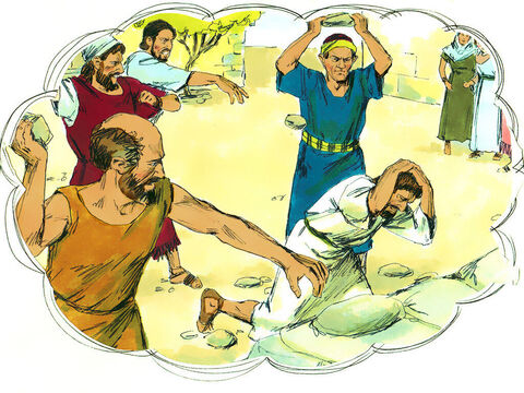 Una multitud de gentiles y judíos, junto con sus líderes, complotaron para atacar y apedrear a Pablo y Bernabé. – Número de diapositiva 14