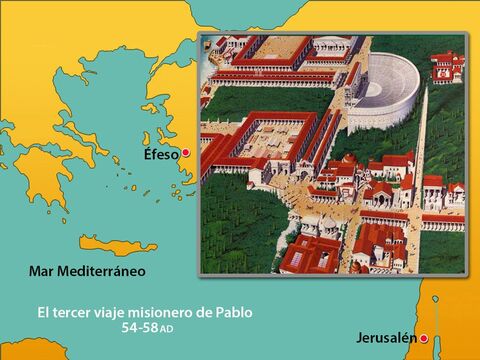 La muchedumbre furiosa se dirigió al anfiteatro, un gran estadio en Éfeso que podía contener hasta 25.000 personas (este diagrama de Éfeso muestra la posición del anfiteatro). – Número de diapositiva 6