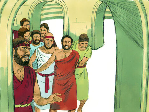 Llevaron a rastras a dos de los compañeros de viaje de Pablo, Gaio y Aristarco de Macedonia, al anfiteatro. – Número de diapositiva 7