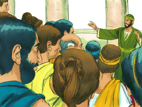 Durante los tres meses siguientes, Pablo predicó en la sinagoga. Sin embargo, algunos judíos rechazaron el mensaje y se opusieron a que se enseñara que Jesús era “El camino” hacia Dios. Pablo y los creyentes se fueron de la sinagoga. Durante los dos años siguientes, Pablo mantuvo discusiones diarias en la sala de lectura de Tirano. Tanto judíos como griegos de toda la provincia de Asia escuchaban la palabra del Señor. – Número de diapositiva 6