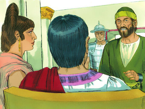 Unos días más tarde, Félix y su esposa, Drusila, que era judía, enviaron a llamar a Pablo. Ellos escucharon mientras él les hablaba sobre la fe en Jesucristo. – Número de diapositiva 8