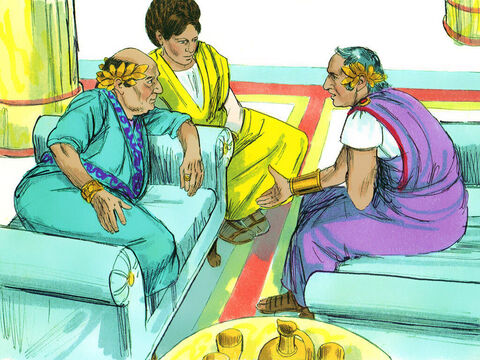 Unos días más tarde, el Rey Agripa llegó con su hermana, Berenice, para presentar sus respetos a Festo. Discutieron el caso de Pablo juntos.<br/>–Quisiera escuchar al hombre por mí mismo –dijo Agripa–. ¡Lo harás, mañana! – Número de diapositiva 5