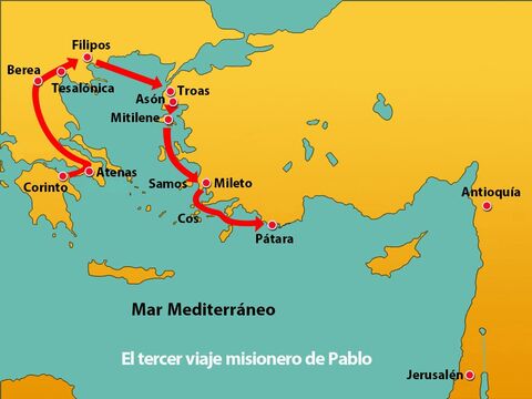 Después de despedirse de los efesios ancianos, Pablo navegó directamente hacia la isla de Cos. Al día siguiente, llegaron a Rodas y luego fueron a Patara. – Número de diapositiva 1