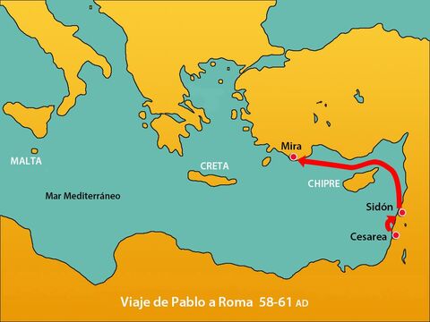 Nuevamente en el mar, enfrentaron fuertes vientos en contra que les dificultaron mantener el barco en curso. Pasaron por Chipre y navegaron a lo largo de la costa de Cilicia y Panfilia, arribando a Mira. – Número de diapositiva 3