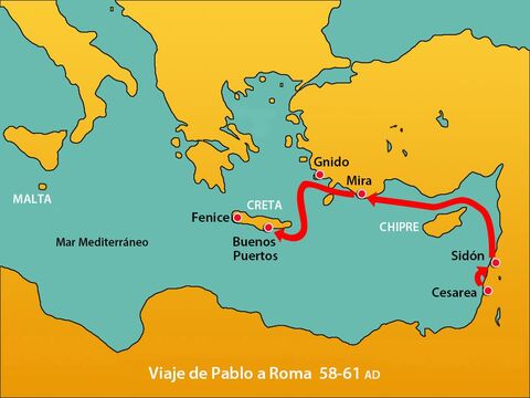 Sin embargo, el viento estaba en contra, por lo que navegaron hacia el sur de Creta y finalmente llegaron a Buenos Puertos. – Número de diapositiva 6