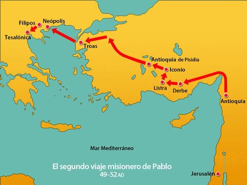 Al partir de Filipo, Pablo y Silas viajaron por los pueblos de Anfípolis y Apolonia hasta llegar a Tesalónica. Se hospedaron como invitados en la casa de un hombre llamado Jasón. – Número de diapositiva 1