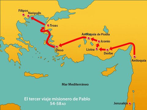 Después de la rebelión en Éfeso, Pablo se encaminó hacia Troas y luego navegó hasta Macedonia. – Número de diapositiva 1