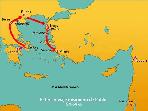 Pablo y sus compañeros fueron a Aso por tierra, donde abordaron un barco hacia Mitilene. Al día siguiente, navegaron más allá de la isla de Kios. Al día siguiente, cruzaron la isla de Samos y, un día más tarde, llegaron a Mileto. – Número de diapositiva 14