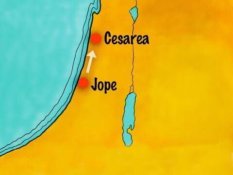 Al día siguiente, Pedro y varios cristianos de Jopa partieron con los mensajeros para visitar a Cornelio en Cesárea. – Número de diapositiva 10