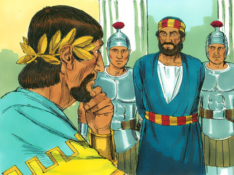 A continuación, Herodes Agripa hizo que arrestaran a Pedro y lo pusieran en prisión. Después de las fiestas de la Pascua Judía, Herodes tenía la intención de llevarlo a juicio ante el público. Pedro estaba custodiado a toda hora por cuatro escuadrones de cuatro soldados. – Número de diapositiva 2