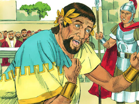 Algún tiempo más tarde, Herodes Agripa fue a Cesárea y, vistiendo sus túnicas reales, dio un discurso público. La multitud que escuchaba gritó:<br/>–¡Esta es la voz de un dios, no de un hombre!<br/>El Rey Herodes Agripa disfrutó las alabanzas. Inmediatamente, un ángel del Señor lo fulminó y murió. – Número de diapositiva 12