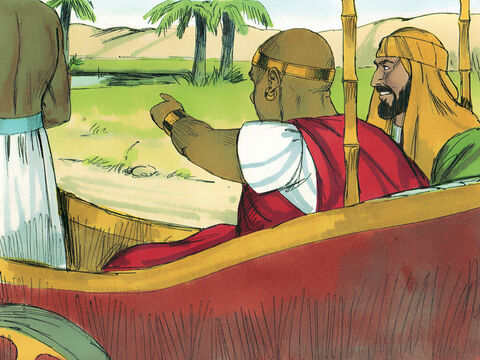 Mientras viajaban por el camino, el etíope dijo:<br/>–Mira, allí hay agua. ¿Qué puede impedir que yo sea bautizado? <br/>Dio órdenes para detener la carroza. – Número de diapositiva 9