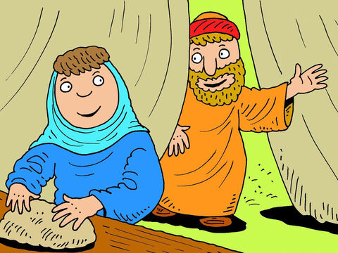 Los tres hombres se sentaron y Abraham les ofreció de comer. Aceptaron y Abraham fue a la tienda a buscar a su mujer, Sara. "Rápido", dijo, "¡haz un poco de pan!" – Número de diapositiva 4