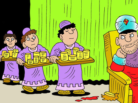 Los sirvientes se apresuraron a traer las copas de oro y plata robadas del templo de Dios en Jerusalén cuando los babilonios tomaron la ciudad. – Número de diapositiva 7