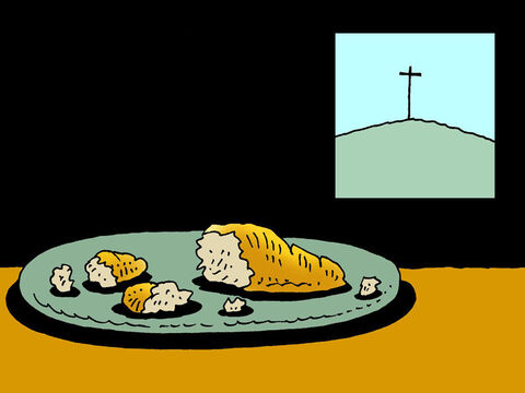 El pan era el símbolo del cuerpo de Jesús, que sería quebrantado al morir en la cruz. Partir el pan así es para que recordemos que Jesús sufrió y murió, para que pudiéramos ser perdonados por todas las cosas malas que hacemos. – Número de diapositiva 4