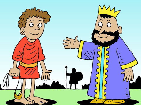 Saúl le preguntó a David: "Joven, ¿de quién eres hijo?"<br /> "Soy el hijo de tu siervo Isaí, de Belén", respondió David. El rey Saúl no sabía que un día, este joven que confiaba en Dios, se convertiría en el próximo rey de Israel. – Número de diapositiva 31