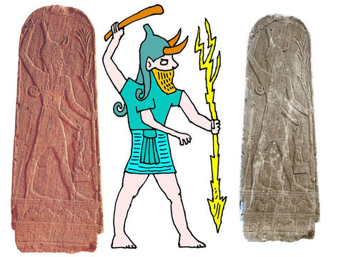 La gente hacía estatuas de Baal con este aspecto. En una mano tenía un garrote y en la otra un rayo. La gente creía que Baal controlaba el clima, así que cuando querían que lloviera para sus cultivos le ofrecían sacrificios. – Número de diapositiva 3