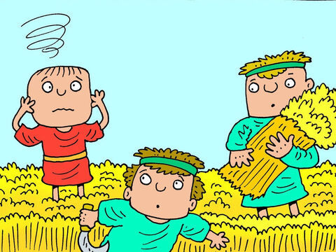 Una mañana, el niño estaba en el campo con los sirvientes de su padre observando cómo cortaban el trigo. Era un día muy caluroso, tanto que el niño empezó a sentirse mareado. – Número de diapositiva 2