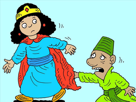 Cuando el rey vio a Amán aferrándose al vestido de Ester, pensó que Amán estaba tratando de atacarla. – Número de diapositiva 11
