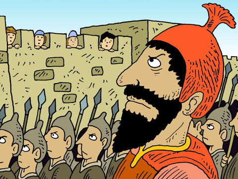 Un día, el muy poderoso y cruel rey Senaquerib, gobernante de los asirios, marchó contra Jerusalén con su gran y poderoso ejército y sitió la ciudad. – Número de diapositiva 2