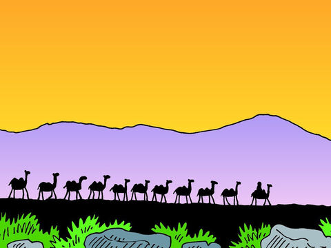 El siervo reunió diez camellos y los cargó de provisiones. Luego partió hacia Aram-naharaim, en Mesopotamia, donde vivía Nacor, el hermano de Abraham. – Número de diapositiva 4