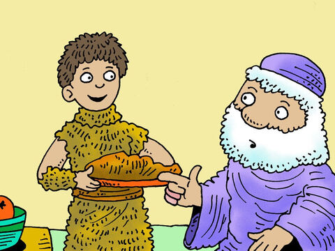 Jacob fue a ver a su padre Isaac con la sabrosa comida y el pan que Rebeca había hecho. "Soy Esaú, tu primogénito", mintió Jacob. <br />"He hecho lo que me pediste. Ahora siéntate y come la carne que he cazado para ti. Luego, bendíceme". <br/>"¿Cómo encontraste y mataste al animal tan rápidamente?" Preguntó Jacob. <br />"El Señor, tu Dios, me llevó a encontrarlo rápidamente", mintió Jacob. – Número de diapositiva 8