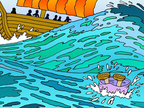 Los marineros no querían que Jonás muriera, pero para salvar sus propias vidas lo arrojaron por la borda. Inmediatamente, la tormenta se detuvo. – Número de diapositiva 11
