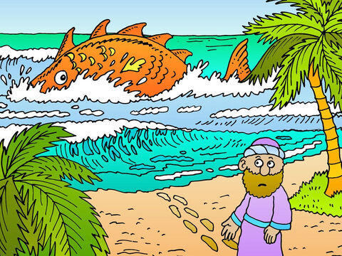 Pasaron tres días y tres noches, y entonces Dios hizo que el gran pez se acercara a tierra y escupiera a Jonás. Este desembarcó en la arena y caminó por la playa, asombrado y agradecido. – Número de diapositiva 15
