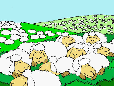 En lugares de verdes pastos me hace descansar. <br/>Las ovejas suelen acostarse cuando se sienten seguras y satisfechas. Esto significa que normalmente estoy contento porque todas mis necesidades han sido satisfechas. – Número de diapositiva 2