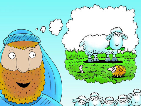 El pastor contó sus ovejas de vuelta al redil... 97, 98, 99. Faltaba una de sus ovejas. "¿Dónde está mi ovejita? Debo encontrarla". – Número de diapositiva 4