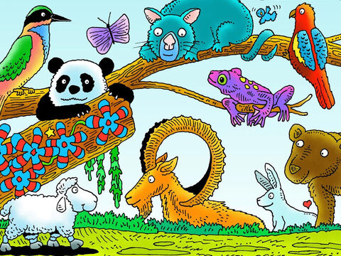 El corderito siguió caminando. ¿Puedes verlo? ¿Qué otros animales puedes ver? (De izquierda a derecha: pájaro, abejero, panda, zarigüeya, íbice, rana venenosa, loro rosa, conejo, oso). – Número de diapositiva 6