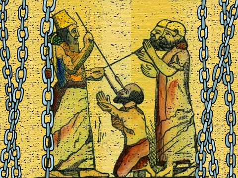 Los asirios capturaron a Manasés y lo encadenaron. Le pusieron un anillo en la nariz y lo llevaron a Babilonia como prisionero. Aquí hay una imagen de un museo que muestra a un rey asirio enganchando a los prisioneros por la nariz. – Número de diapositiva 15