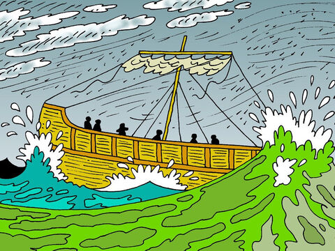 Pero entonces un fuerte viento huracanado, conocido como "Nororiente", arrastró el barco mar adentro. Intentaron volver a la costa, pero no pudieron, así que desistieron y se dejaron llevar por la tormenta. – Número de diapositiva 8