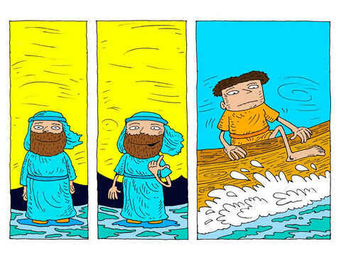 Jesús responde. "Ven, pues".<br />Con mucha cautela, Pedro levanta la pierna por encima de la barca. – Número de diapositiva 17