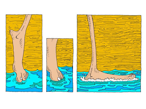 Los dedos de sus pies tocan el agua. Está fría y húmeda, como el agua de verdad. Pone el pie en el mar. Ahora está de pie sobre el agua. – Número de diapositiva 18