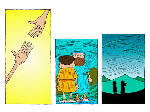 Jesús le tiende la mano y vuelve a poner a Pedro en pie. <br />"Pedro, tienes tan poca fe", le dice Jesús, "¿por qué has dudado?" Los dos se paran juntos sobre el agua. – Número de diapositiva 26