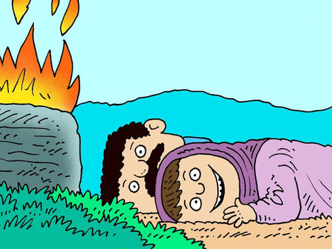 Manoa y su mujer cayeron boca abajo.<br/>'Moriremos', gritó Manoa a su esposa, '¡porque hemos visto a Dios!' – Número de diapositiva 11